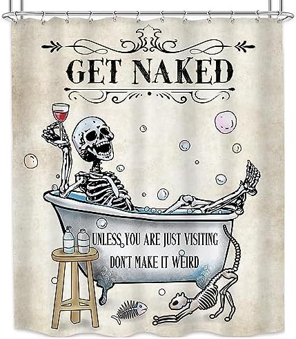 Halloween Funny Skull Skeleton Shower Curtain 60Wx72H Gothic Spooky Unique Cool Bone in Bathtub Bubbles Horror Cat Fish Retro Scary Bathroom Decor Bath Curtain Fabric Polyester 12 Pack Hooks