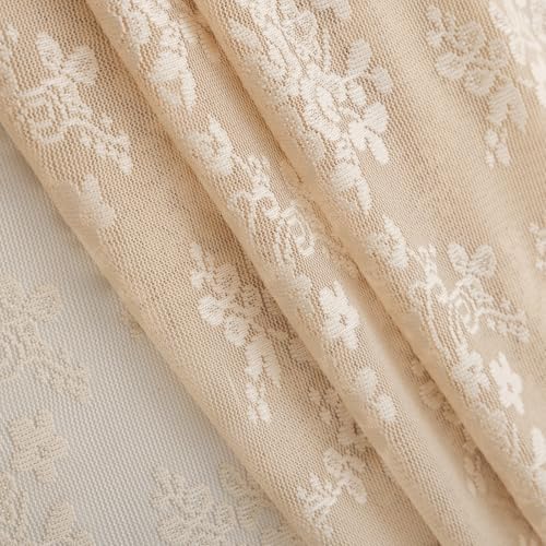 Beige Shower Curtain 72x72, Cottage Core Lace with Attached Valance