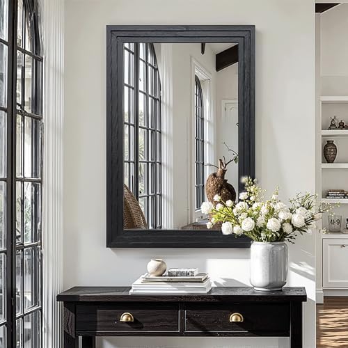 Farmhouse Rustic Wood Framed Bathroom Vanity Mirror for Wall, 24x36, Black