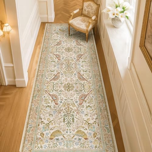 Hazo Haus Boho Long Bathroom Runner Rug 2x6 - Floral & Bird Runner Rug for Kitchen Floor, Hallway, Laundry Room, Bedroom, Entrance, Beige Neutral Vintage Decor, Washable Non Slip Low Pile