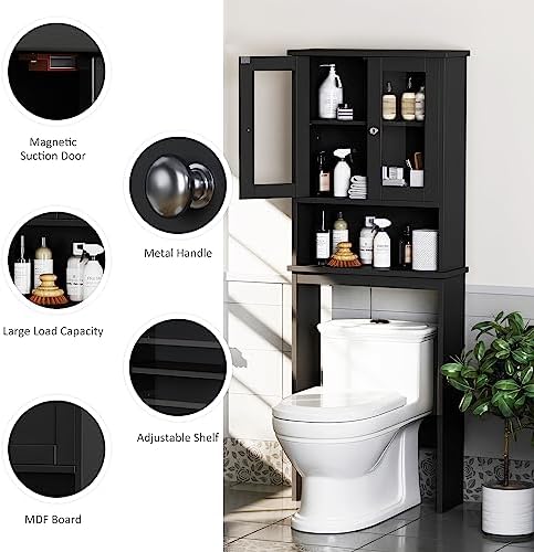 Over The Toilet Storage Cabinet for Bathroom, Storage Organizer Over Toilet with Glass Doors, Space Saver for Living Room, Black