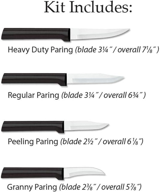 Rada Cutlery 4-Piece Granny, Regular, Peeling, and Heavy Duty Paring Knife Set, Stainless Steel Blades, Black Handle