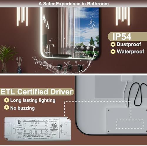 28"x36" Black LED Bathroom Mirror with Lights, 3000K/4500K/6000K