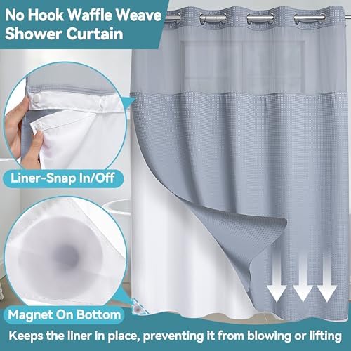 Conbo Mio Extra Wide No Hook Waffle Weave Shower Curtain with Snap in Liner Set, 108" x 74" Hotel Luxury Grey Shower Curtains for Bathroom with See Through Top Window, Waterproof, Washable 108W x 74H