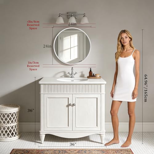 WallBeyond Round Wood Mirror 24 inch Circle Wall Mirror for Bathroom Round Wall Mirror for Wall Decor, Vanity, Entryway Living Room (White)