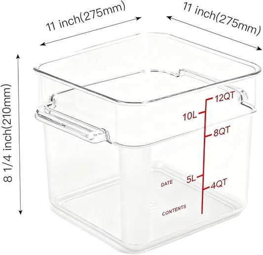 4 Pack Food Storage Containers with Red Lids, 12.0 Qt - Square, Clear, Polycarbonate, for Restaurant Commercial Kitchen and Home party