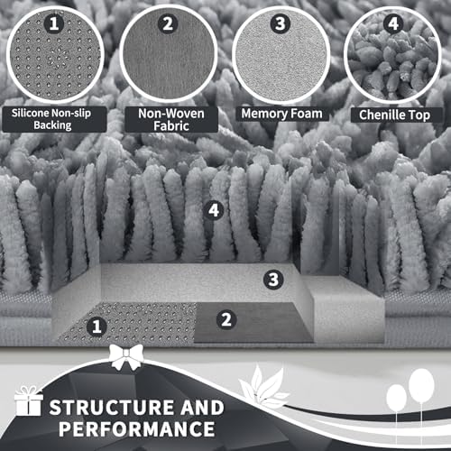 Yimobra Toilet Rugs U Shaped Washable, Extra Thick Soft Absorbent Chenille Contour Bathroom Rugs for Toilet 24x20 Inch, Quick Dry Non Slip Toilet Mat for Bath Floor, Silver