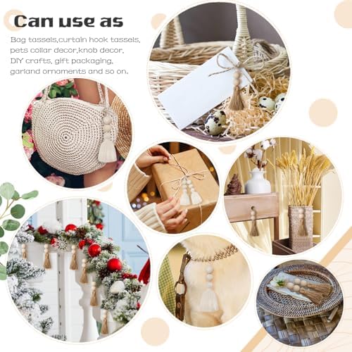 Boho Shower Curtain Hooks Rings Rustproof, CHICTIE Nautical Decorative Shower Curtain Rings with Handmade Wood Beads Tassel, Farmhouse Home Bathroom Bedroom Decor Set of 12 (Natural Cotton)