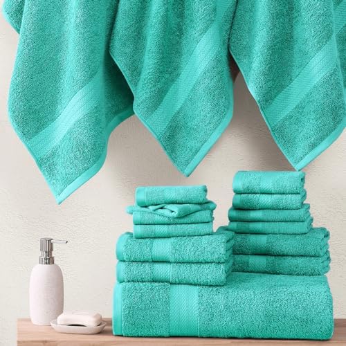 LANE LINEN 24 PCs 100% Cotton Bath Towels Set - Quick Dry, Ultra Soft & Ultra Absorbent - 4 Bath, 4 Fingertip, 6 Hand Towels, 8 Washcloths, 2 Bath Sheets - Home & Guest Bathroom Towels - Teal
