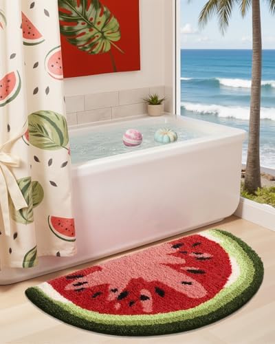 DEXI Cute Watermelon Bath Mat, Half Round Fruit Bathroom Rugs 43x24
