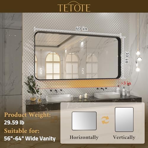 TETOTE 60 x 30 Inch Black Vanity Mirror, Rectangle Matte Metal Frame for Bathroom, Modern Round Corner Wall Mounted Mirror (Horizontal/Vertical)