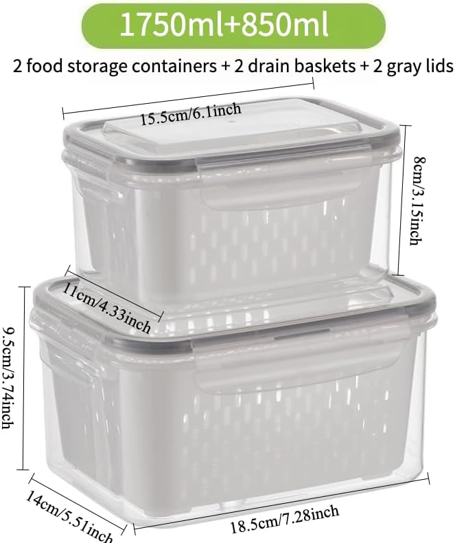 2PC Food Storage Containers for Fridge with Lid, Washable Fruit Storage Containers with Removable Colanders, Keep Fruits, Vegetables, Berry, Meat Fresh Longer