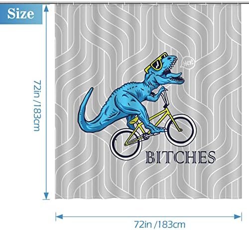 Aimego Funny Shower Curtain Blue Dinosaur Ride A Bike Pattern Cute Dino Pattern Shower Curtain Set with 12 Hooks for Bathroom Decor Accessories Bathtub Curtain, 72"x72"
