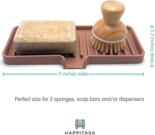 Silicone Soap Dish Tray and Sponge Holder with Drain Chute, Rectangular, Kitchen and Bathroom Sink Organizer (Mocha, 9"x3.5")
