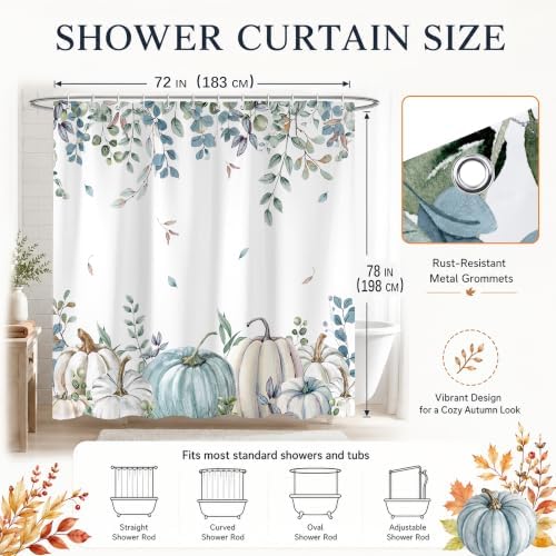 Blue Pumpkin Shower Curtain, 72 x 78 Inch Watercolor White Pumpkin Eucalyptus Bathroom Curtain, Fall Farmhouse Bath Curtain for Tub Shower Decor, Multiple Sizes