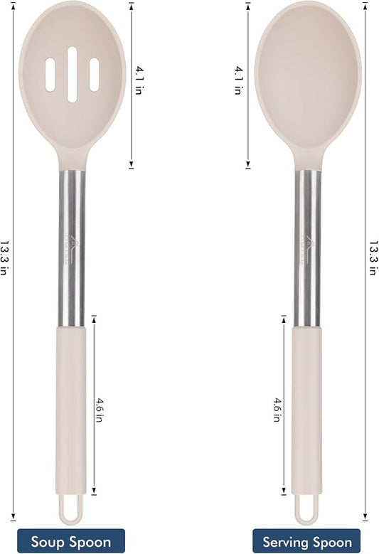 HOTEC Heat Resistant Large Silicone Cooking Spoon, Solid Slotted Spoons, Nonstick Kitchen Cookware Utensils, Mixing, Serving, Stiring Large Spoons, Khaki