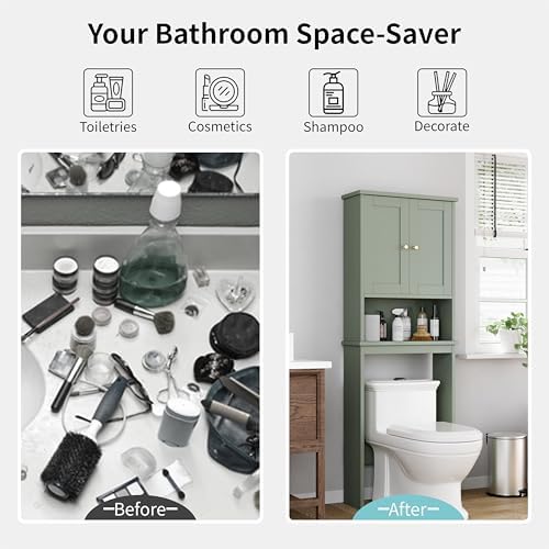 Shintenchi Over the Toilet Storage Cabinet, Bathroom Shelf Organizer with Anti-Tip Device Small Freestanding Space Saver with Adjustable Shelf,Green