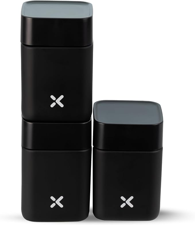 CubeX Miron UV Glass Jars, 3-Pack Airtight Storage for Herbs, Tea, Coffee, Spices & Cosmetics, Stackable with Labels, Marker and Adjustable Spoon