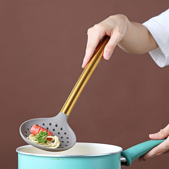 Gold Skimmer, Berglander Non-stick Silicone Strainer With Titanium Gold Plating handle, Kitchen Cooking Skimmers For Non-Stick Cookware, Dishwasher Safe, Easy to Clean