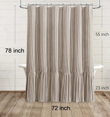 Farmhouse Shower Curtain Ruffle Linen Cream-Brown Stripe 72"W x 78"L
