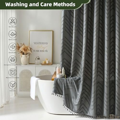 Siiluminisoy Extra Long Shower Curtains 72 x 84 Inches Tufted Chevron Gray Shower Curtains Fabric for Bathroom Modern Shabby Chic Waterproof Cloth Shower Curtain