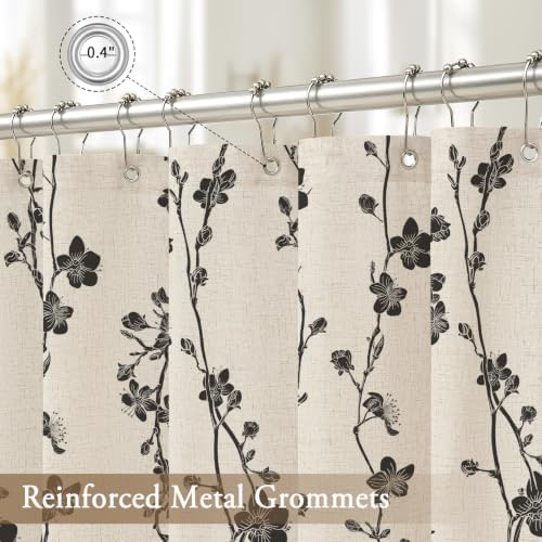 Gibelle Black Farmhouse Linen Shower Curtain, Boho Floral Fabric, 72 x 72