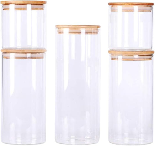 LEAVES AND TREES Y Stackable Kitchen Canisters Set, Pack of 5 Clear Glass Food Storage Jars Containers with Airtight Bamboo Lid for Candy, Cookie, Rice, Sugar, Flour, Pasta, Nuts