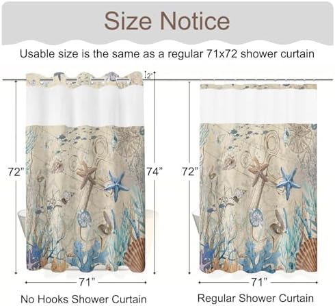 No Hook Shower Curtain and Liner Set, Retro Brown Beach Coastal 71x74