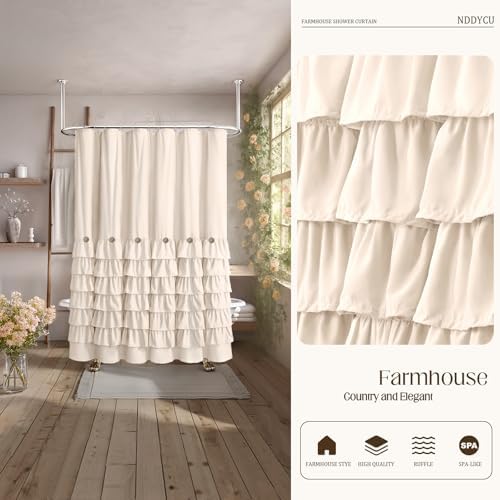 Ruffle Farmhouse Shower Curtain, Cream Vintage Shower Curtains for Bathroom Fabric Cute Rustic Cloth, 72" W X 78" L Inch