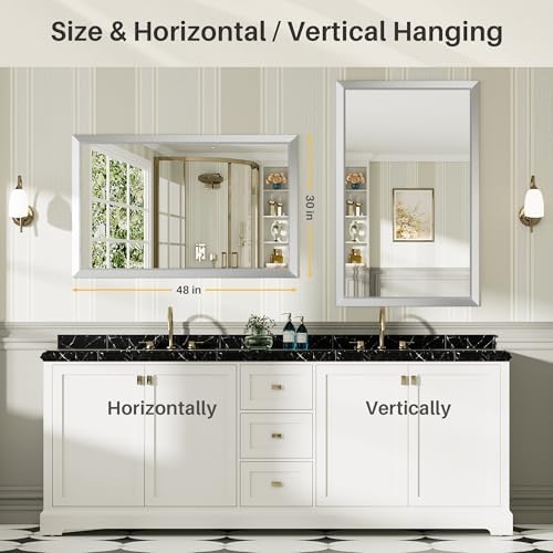 Briivue Bathroom Wall Mirror, Silver Brushed Nickel Metal Frame, 48x30 Inch