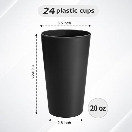 HEYCOME 24 Pcs Unbreakable Plastic Cups Set, 20 oz Reusable Plastic Cups, Stackable Water Tumblers, Drinking Cup for Kitchen, Outdoor, BPA-free, Dishwasher Refrigerator and Microwave Safe, Black