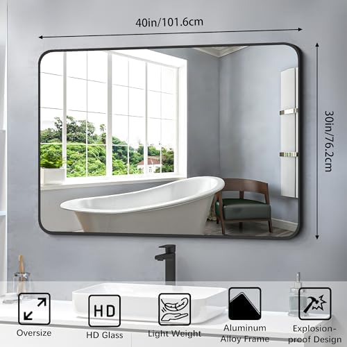 FORBATH Bathroom Mirror 30" X 40", Large Rectangular Wall Mirror, Black Metal Framed Rounded Corner Wall Mounted Mirror for Bathroom Bedroom Entryway Decor(Horizontal/Vertical)