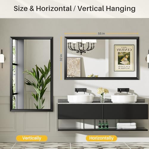 Briivue Black Metal Framed Bathroom Wall Mirror, 55x32 Inch