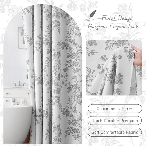 Grey Floral Shower Curtain,Vintage Cotton Cottagecore Gray Shower Curtains for Bathroom, 72" W x 78" L