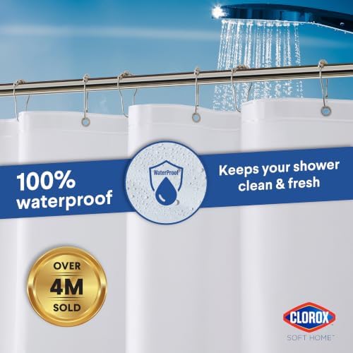 Clorox Shower Curtain Liner, Premium Medium-Weight Flexible Waterproof 6g PEVA for Bathroom with Weighted Magnets, Standard Size 72" x 72", White 1 Pack