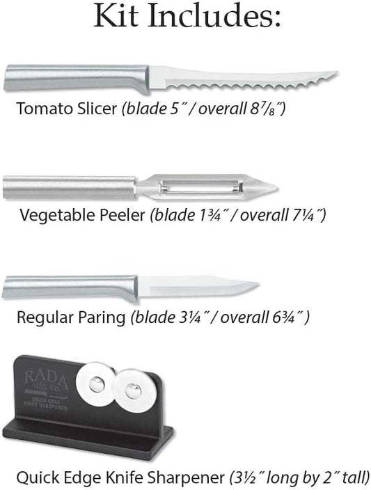 Rada Cutlery Peel, Pare & Slice Gift Set (S18) with Quick Edge Sharpener (R119), 3-piece Knife Set and Knife Sharpener, Stainless Steel Blades, Silver Handle