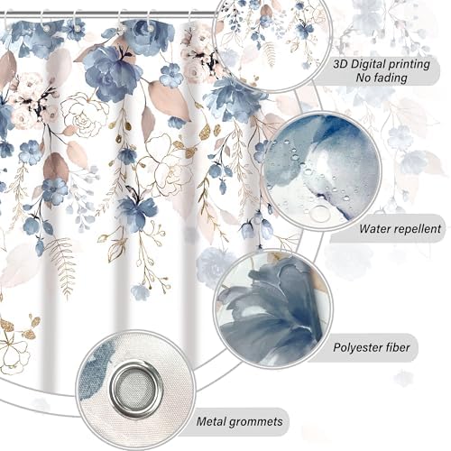 Floral Flower Shower Curtain Set with 12 Hooks,Blue,Thick 120GSM 72 x 72"