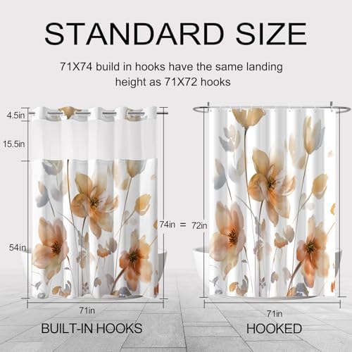 No Hook Shower Curtain and Liner Set, Orange Boho Floral 71x74
