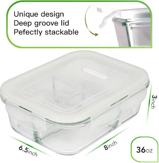 DAS TRUST 3 Pack Bento Box Glass Meal Prep Containers - 3 Compartment Glass Food Storage Containers with Lids - Lunch Box Meal Prep Bowls - Oven Safe