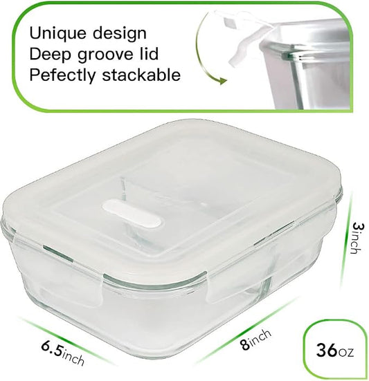 DAS TRUST 5 Pack 36oz Food Storage Containers 2 Compartment Glass Meal Prep Containers with Lids Lunch Containers for Adult with Dividers Reusable Lunch Bento Box Meal Prep Bowls