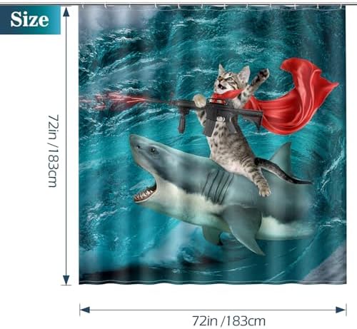 Aimego Funny Shark Cat Shower Curtain - Cute Cat Riding Shark in Ocean Fun Shower Curtains Set with 12 Hooks for Adults Bathroom Decor Accessories, 72"x72", Blue Red