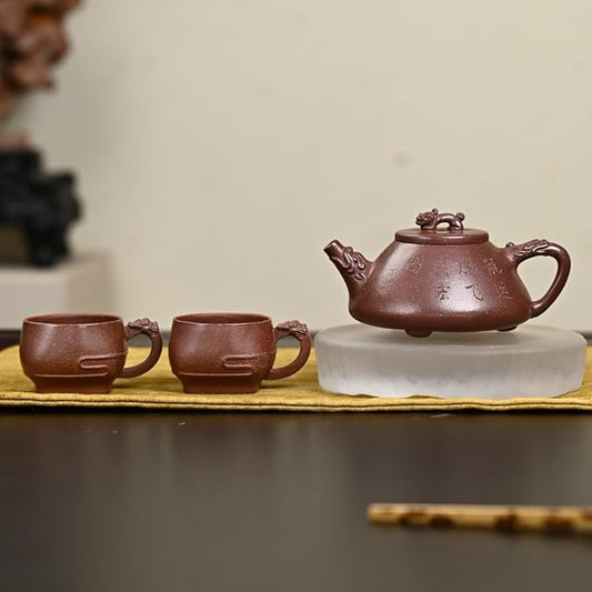 Handmade Zisha Teapot Set - Dragon Decorated Shi Piao Style, 300cc Teapot with 2x80cc Cups, Gift Box & Carry Bag, Purple Clay for Gongfu Tea