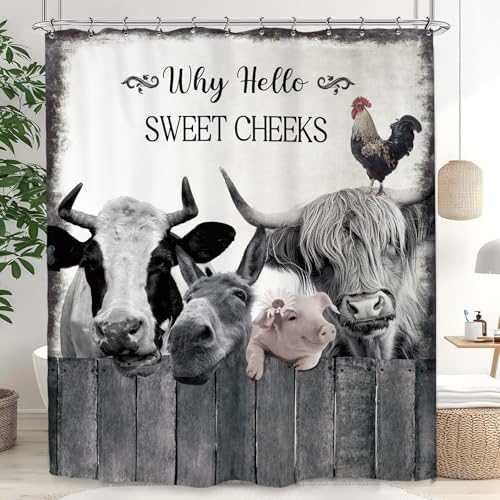 Farmhouse Animal Farm Funny Shower Curtain 72Wx72L Inch Bull Cow Pig Donkey Rustic Country Bathroom Set Accessories Decor Polyester Waterproof with 12 Pack Hooks