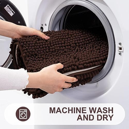 Grandaily Chenille Striped Bathroom Rugs 40x32, Extra Thick and Absorbent Bath Mats, Non-Slip Soft Plush Shaggy Shower Carpet, Machine Wash Dry, Bath Rug for Bathroom, Brown
