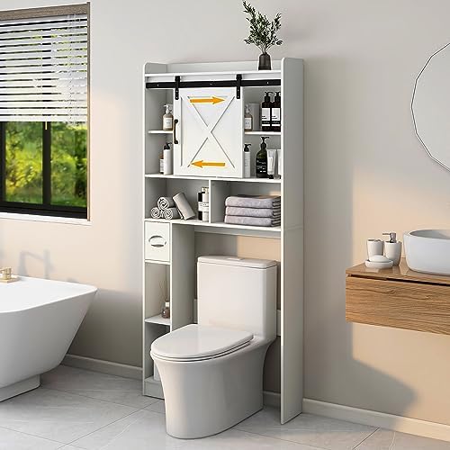 Vabches Over The Toilet Storage Cabinet with Sliding Barn Door. White