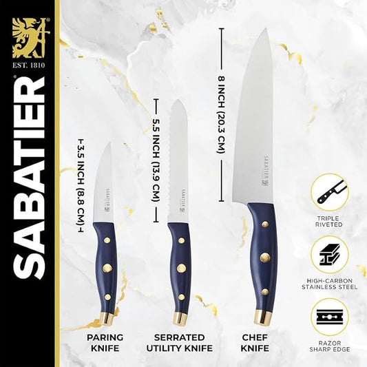 Sabatier 3-Piece Chef Set - 8" Chef Knife, 5.5" Serrated Utility Knife, 3.5" Paring Knife, Protective Blade Tip - Kitchen Cooking Essentials with High-Carbon Stainless Steel Blades & Durable Handle