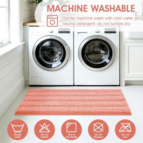 ACCUMTEK Striped Coral Bathroom Rug Mat Set 2 piece 32"x20"+24"x17" Ultra Soft, Non Slip Chenille Bath Rugs, Absorbent Plush Shaggy Bath Mats for Bathroom, Bedroom, Kitchen, Shower, Tub