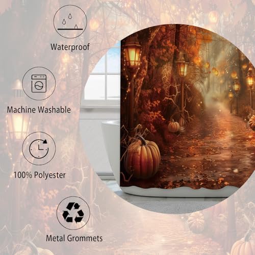 Fall Pumpkins Shower Curtain,Halloween Autumn Thanksgiving Harvest Forest Rural Trail Bathroom Decor,48 x 72 Inch Polyester Fabric Waterproof Bathroom Curtain with Hooks