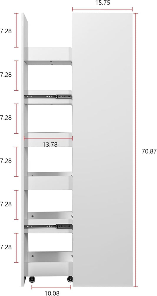 Slim Rolling Storage Cart, Pull Out Spice Rack, 6-Tier Rolling Pantry for Kitchen Fridge Gap & Laundry Room, Space-Saving Slide Out Utility Cabinet (White, with Side Panel)
