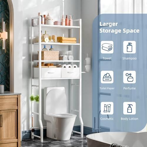 Simple Trending 4 Tier Over The Toilet Storage with Drawers,Holder & Hooks